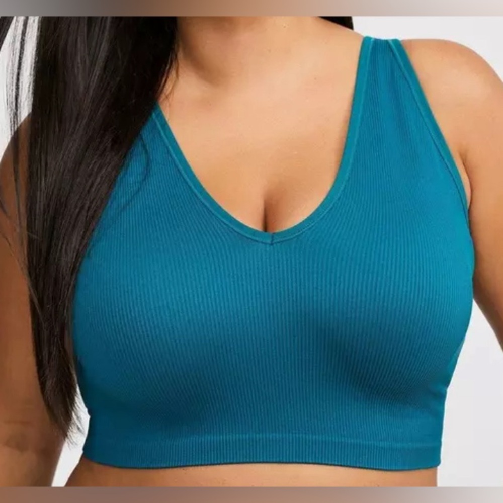 #1329 - TORRID Seamless Rib Deep V Crop Top Cross Back Lounge Bra Dark Turquoise - Picture 2 of 11